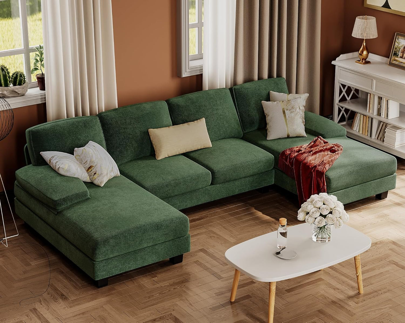 Sectional Couches for Living Room, U-Shaped Sofa Couch with Linen Fabric, 4 Seat Sofa Set with Double Chaise for Apartment (Fabric, Green)