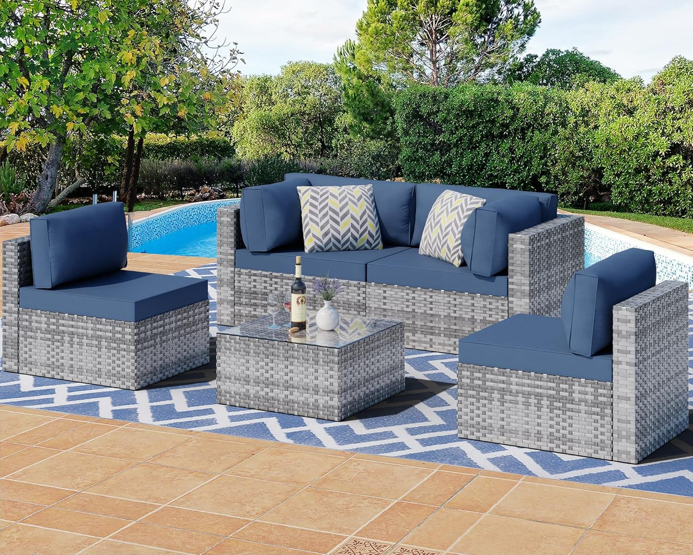 5 Pieces Outdoor Patio Sectional Sofa Couch, Silver Gray PE Wicker Furniture Conversation Sets with Washable Cushions & Glass Coffee Table for Garden, Poolside, Backyard (Aegean Blue)