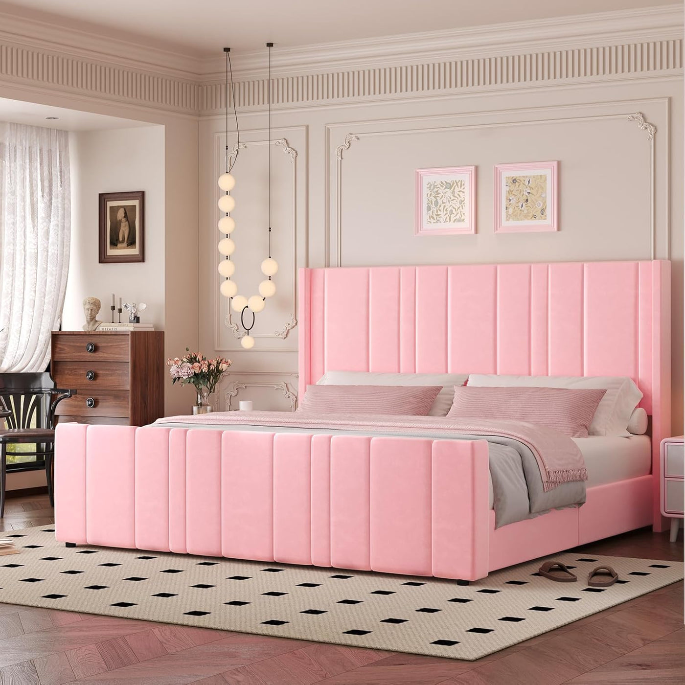 King Size Bed Frame and Headboard, Upholstered Bed with Vertical Channel Tufted Headboard & Footboard, Wooden Slats/Noise Free/No Box Spring Needed/Easy Assembly, Pink