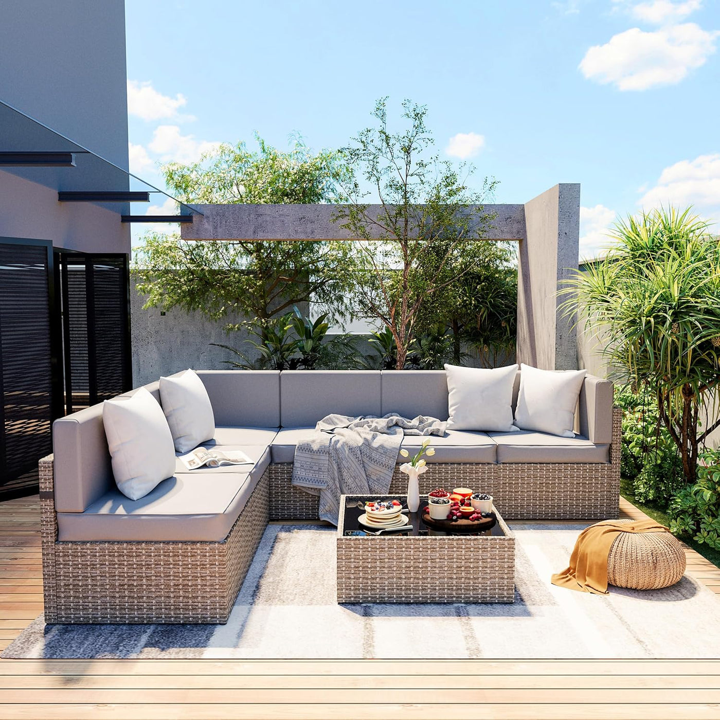 7-Piece Outdoor Sectional Furniture Set, All-Weather Wicker Patio Sofa with Washable Cushions, Gray Waterproof Rattan Conversation Set for Backyard, Poolside, Garden (Gray Cushions)