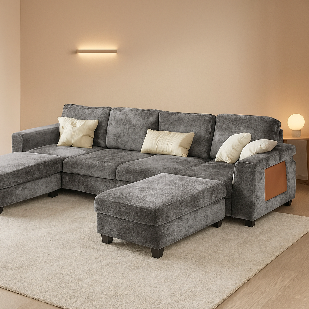 118-Inch U-Shaped Sectional Sofa with 4 Seats, 2 Ottomans, and Foldable Side Table in Grey for Living Room