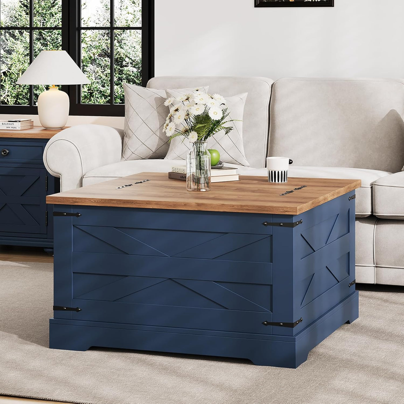 Farmhouse Coffee Table with Hidden Storage, Navy Blue Square Coffee Table for Living Room, Wood Large Center Table with Hinged Lift Top for Home, Office