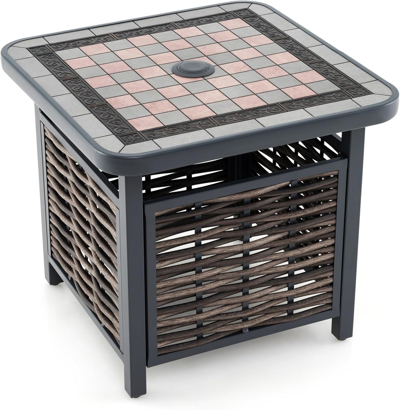 21.5 Inches Outdoor PE Rattan Side Table, All Weather Patio Square End Table with Resin Tabletop, Umbrella Hole, Metal Frame, Outdoor Coffee Table for Garden, Backyard, Balcony, Poolside