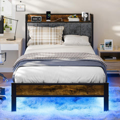 Full Bed Frame with Storage Charging Station Headboard, Smart LED Light, Metal Platform Bed No Box Spring Required, Easy Assembly, Noise Free