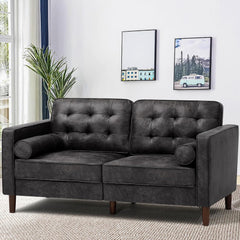 84" Suede Leather Sofa with 2 Soft Pillows, Tufted Modern Sofa with Sturdy Wooden Legs, 3 Seats Couch for Living Room, Office, Bedroom, Grey