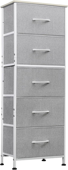 Fabric Dresser, 5-Drawer Tall Dresser for Bedroom, Storage Organizer with Fabric Bins, Wood Top, Sturdy Steel Frame, Chest of Drawers for Closet, Hallway, Rustic Brown Wood Grain Print