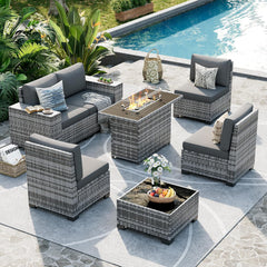 Patio Furniture Set, 8 Inch Armrest Outdoor Sectional Sofa, 6 Piece Wicker Outdoor Furniture Conversation Sets with Waterproof Cover and Coffee Table for Backyard Deck(Brown/Dark Grey)