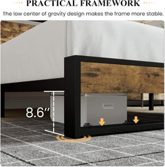 Full Size Bed Frame with Wooden Headboard,Heavy Duty Metal Slats Support Platform,No Box Spring Needed,Rustic Brown