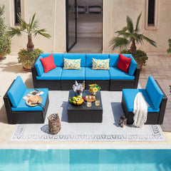 7 Pieces Outdoor Sectional Sofa Patio Furniture Sets Manual Weaving Wicker Rattan Patio Conversation Sets with Cushion and Glass Table (Red)