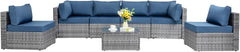 5 Pieces Outdoor Patio Sectional Sofa Couch, Silver Gray PE Wicker Furniture Conversation Sets with Washable Cushions & Glass Coffee Table for Garden, Poolside, Backyard (Aegean Blue)