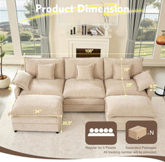108" U Shaped Couch, Modular Sectional Sofa, 3-Seater Comfy Cloud Couch with Movable Ottoman, Deep Seat Couches for Living Room, Chenille, Flat White