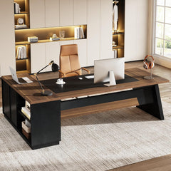 78" L-Shaped Executive Desk, Large Modern Office Desk with Drawers and File Cabinet, Business Furniture with Storage Shelves, Big Computer Desk for Home Office (Light Walnut + Black)