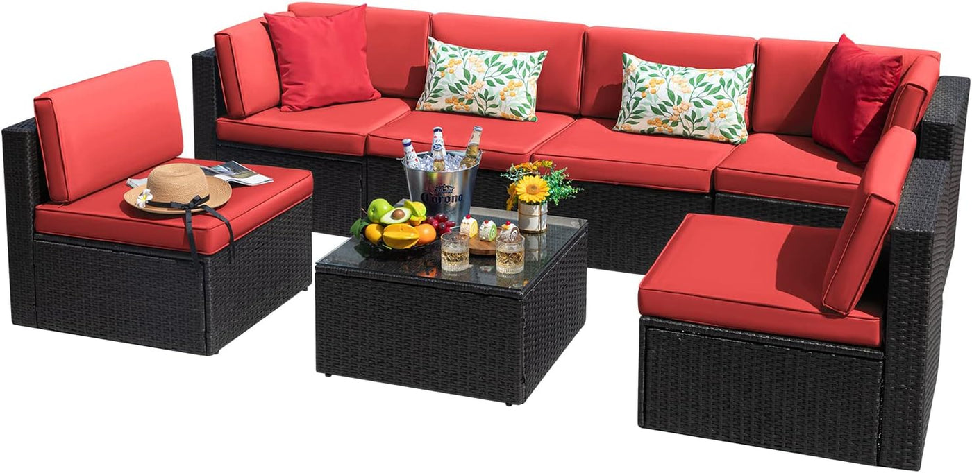 7 Pieces Outdoor Sectional Sofa Patio Furniture Sets Manual Weaving Wicker Rattan Patio Conversation Sets with Cushion and Glass Table (Red)