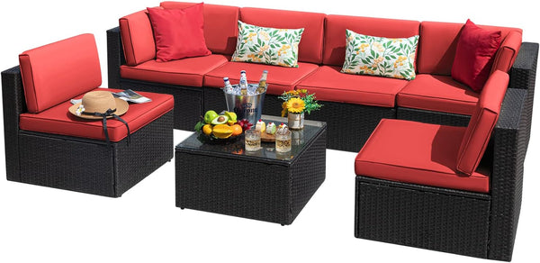 7 Pieces Outdoor Sectional Sofa Patio Furniture Sets Manual Weaving Wicker Rattan Patio Conversation Sets with Cushion and Glass Table (Red)