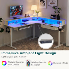 60 Inches L Shaped Electric Standing Desk, Height Adjustable Corner Gaming Desk with Drawers, Keyboard Tray, Power Outlets & LED Lights, Computer Desk with Monitor Shelf, Antique White