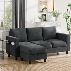 Convertible Sectional Couches for Living Room, L-Shaped Couch 3 Seat Sectional Sofa Set with Polyester Fabric and Movable Ottoman Small Couch for Apartments, Office, Black