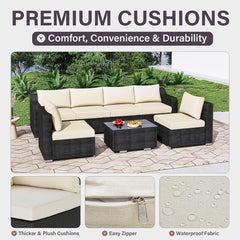 7-Piece Outdoor Patio Furniture Set – Handwoven All-Weather Rattan & 4” Thick Waterproof Cushions, Wicker Outdoor Conversation Sets with Coffee Table for Deck, Backyard, Garden