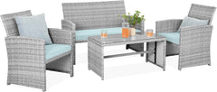 4-Piece Outdoor Wicker Patio Conversation Furniture Set for Backyard W/Coffee Table, Seat Cushions - Gray/Cream