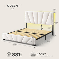 Queen Size Bed Frame with LED Lights, Storage Headboard with Charging Station, Velvet Platform Bed Frame for Apartment, Dorm, Noise-Free, Easy Assembly, Beige