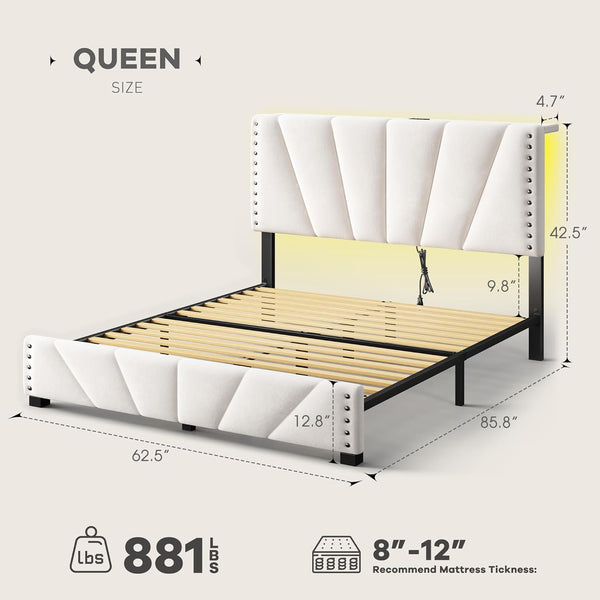 Queen Size Bed Frame with LED Lights, Storage Headboard with Charging Station, Velvet Platform Bed Frame for Apartment, Dorm, Noise-Free, Easy Assembly, Beige