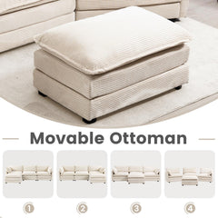 Oversized Modular Sectional Sofa with Movable Ottoman, 112 Inch 4 Seat Modern Corduroy Sofa Set, Convertible L Shaped Couch for Living Room and Office, Beige