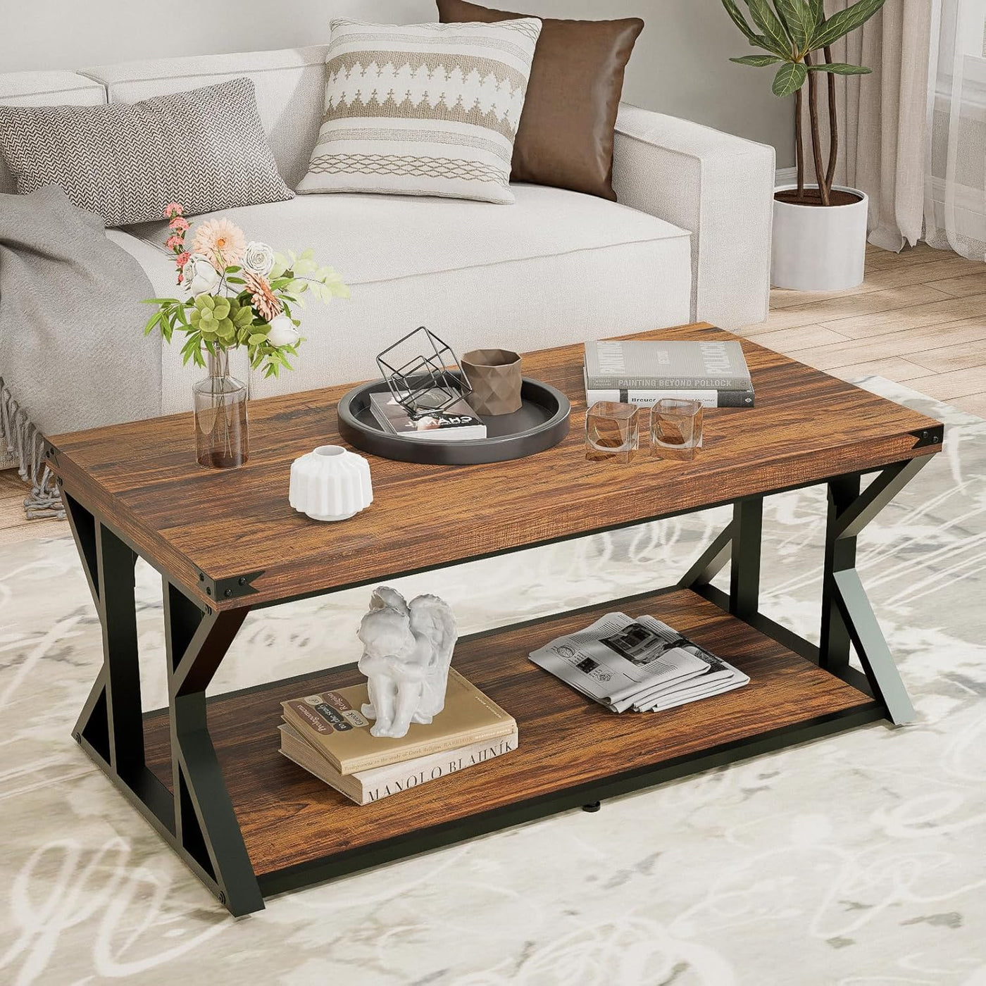43” Industrial Coffee Table, 2-Tier Farmhouse Center Table with Storage Shelf, Angle Iron Top & Metal Frame, Living Room Cocktail Table, Rustic Brown