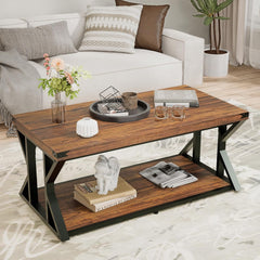 43” Industrial Coffee Table, 2-Tier Farmhouse Center Table with Storage Shelf, Angle Iron Top & Metal Frame, Living Room Cocktail Table, Rustic Brown