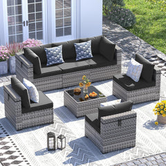 Patio Furniture Set, 8 Inch Armrest Outdoor Sectional Sofa, 6 Piece Wicker Outdoor Furniture Conversation Sets with Waterproof Cover and Coffee Table for Backyard Deck(Brown/Dark Grey)