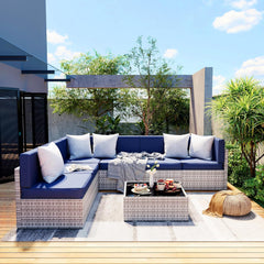 7-Piece Outdoor Sectional Furniture Set, All-Weather Wicker Patio Sofa with Washable Cushions, Gray Waterproof Rattan Conversation Set for Backyard, Poolside, Garden (Gray Cushions)