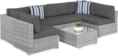 7-Piece Modular Outdoor Sectional Wicker Patio Conversation Set W/ 2 Pillows, Coffee Table, Cover Included - Gray/Cream
