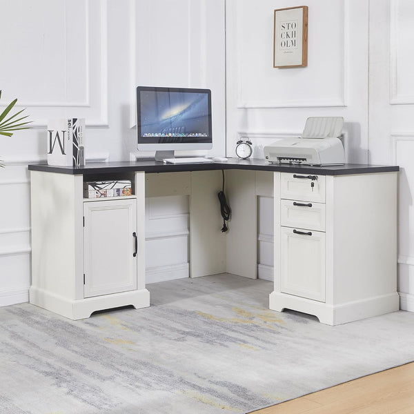 55” Farmhouse L Shaped Desk with Charging Station,Executive L Shaped Desk with Lockable Drawers and Storage Cabinet & Adjustable File Cabinet,White Corner Desk for Home Office