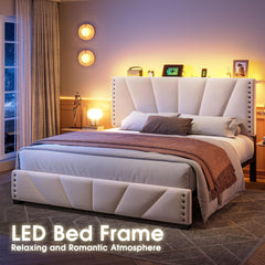 Queen Size Bed Frame with LED Lights, Storage Headboard with Charging Station, Velvet Platform Bed Frame for Apartment, Dorm, Noise-Free, Easy Assembly, Beige