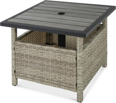 Wicker Side Table with Umbrella Hole, Square PE Rattan Outdoor End Table for Patio, Garden, Poolside, Deck W/Uv-Resistant Frame, Storage Space - Gray