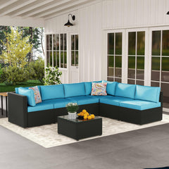 7-Piece Outdoor Patio Furniture Set – Handwoven All-Weather Rattan & 4” Thick Waterproof Cushions, Wicker Outdoor Conversation Sets with Coffee Table for Deck, Backyard, Garden