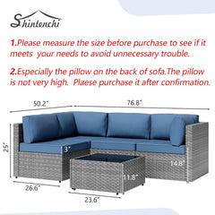 5 Pieces Outdoor Patio Sectional Sofa Couch, Silver Gray PE Wicker Furniture Conversation Sets with Washable Cushions & Glass Coffee Table for Garden, Poolside, Backyard (Aegean Blue)
