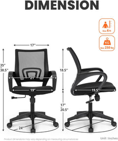Office Desk Computer Chair Ergonomic Mesh Gaming Mid Back Seat with Comfy Lumbar Support Adjustable Height Swivel for Home Task (Black)