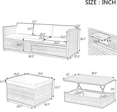 6 Piece Outdoor Patio Furniture Set with Lift Top Table & Ottomans, Outdoor Sectional All Weather PE Rattan Wicker Sectional Furniture Chair Set with Cushions and Tea Table (Dark Gray)