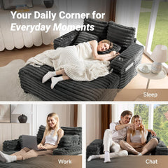 Chaise Lounge Chair Indoor, 64" Oversized Sleeper Chair with Wood Frame, Upholstered Sofa Bed for Living Room, Movie Room, Bedroom with 4 Storage Pockets& 2 Cup Holders(Corduroy, Grey)