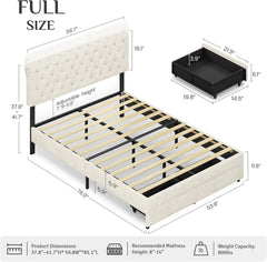 Full Size Bed Frame with 2 Storage Drawers, Upholstered Bed Frame with Adjustable Diamond Headboard, Velvet Modern Platform Bed Frame, No Box Spring Needed, Easy to Assemble, Beige