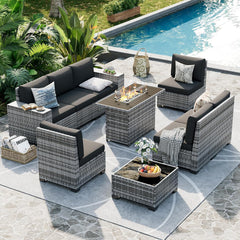 Patio Furniture Set, 8 Inch Armrest Outdoor Sectional Sofa, 6 Piece Wicker Outdoor Furniture Conversation Sets with Waterproof Cover and Coffee Table for Backyard Deck(Brown/Dark Grey)