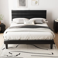 Platform Bed Frame Queen Size with Linen Fabric Headboard,Modern Panel Low Profile Bed with Upholstered & Sturdy Slats Support for Bedroom, Mattress Foundation, Dark Gray