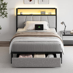 Queen Size Bed Frame with Headboard and Storage, Drawers Platform Bed Frame with Storage Chargin Station LED Light Bedframe, Heavy Duty, No Box Spring Needed
