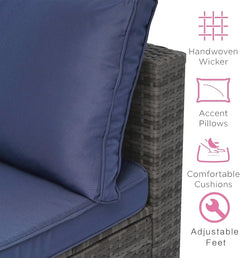 7-Piece Outdoor Rattan Sectional Sofa Set, Gray Wicker Patio Furniture Sets with Navy Blue Cushions for Balcony, Porch, Backyard