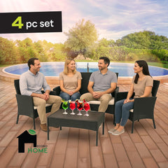 4-Piece Outdoor Patio Furniture Set - Patio Set with 2 Rattan Chairs, 1 Loveseat & 1 Glass -Top Coffee Table - Weather-Proof Wicker with Cushions - Conversation Set for Porch, Balcony, Lawn