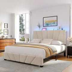 Queen Size Bed Frame with LED Lights, Storage Headboard with Charging Station, Velvet Platform Bed Frame for Apartment, Dorm, Noise-Free, Easy Assembly, Beige