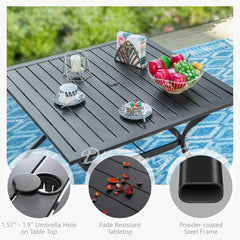 37" Patio Table for 4, Metal Outdoor Dining Table with E-Coating, Square Steel Slated Outdoor Table with 1.57" Umbrella Hole for Garden Backyard, Black