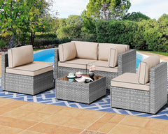 5 Pieces Outdoor Patio Sectional Sofa Couch, Silver Gray PE Wicker Furniture Conversation Sets with Washable Cushions & Glass Coffee Table for Garden, Poolside, Backyard (Aegean Blue)