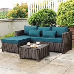 3 Pieces Patio Furniture Set Outdoor Sectional Wicker Patio Furniture Patio Couch with Ottoman and Outdoor Storage Table with Lining Weathering Anti-Slip Cushions Waterproof Covers, Peacock Blue