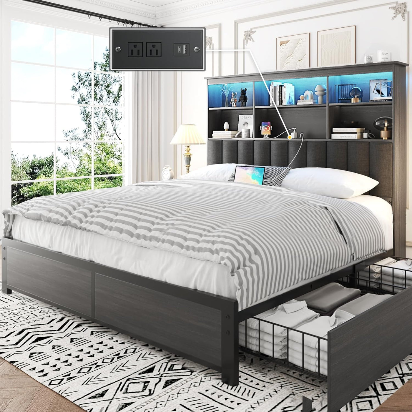 Queen Bed Frame with Headboard, Queen Bed Frame with High Storage Bookcase Headboard,4 Storage Drawers & Charging Station & Led,No Box Spring Needed/Noise Free/All-Metal Support,Rustic Grey