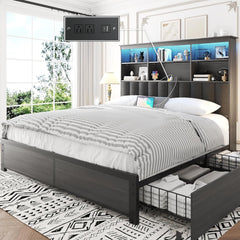 Queen Bed Frame with Headboard, Queen Bed Frame with High Storage Bookcase Headboard,4 Storage Drawers & Charging Station & Led,No Box Spring Needed/Noise Free/All-Metal Support,Rustic Grey